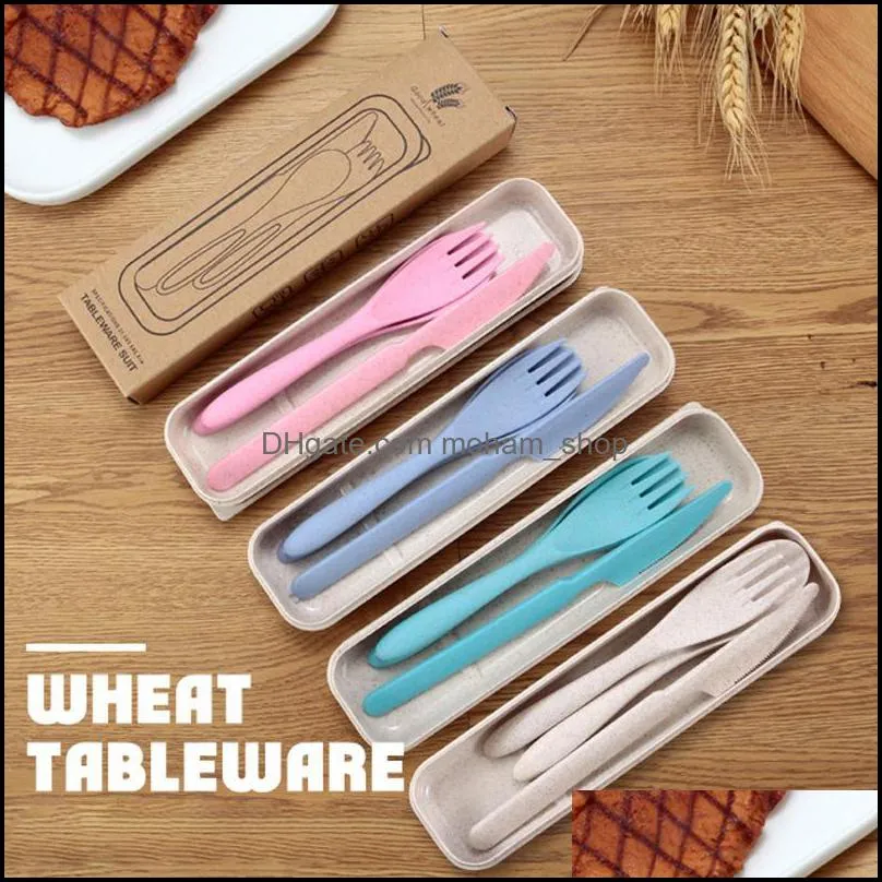 dinnerware sets 3pcs children reusable outdoor cutlery box portable travel wheat straw knife fork spoon kitchen toolsdinnerware