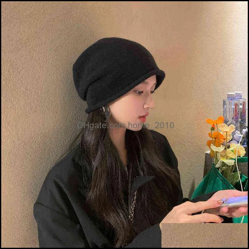 solid color warm knitted hat thicken cycling fur beanies winter soft elastic woman knit bonnet wool acrylic autumn vtmtl1562