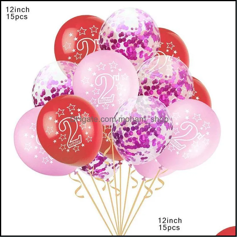 15pcs blue pink 2nd birthday latex balloons 2 year old number balloon kids happy confetti ballons