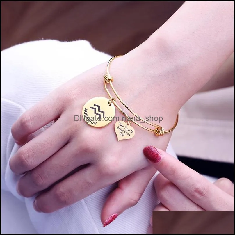 12 constellation zodiac bangle cuff take time enjoy every day letter carved heart coin charm stainless steel adjustable bracelet 3518