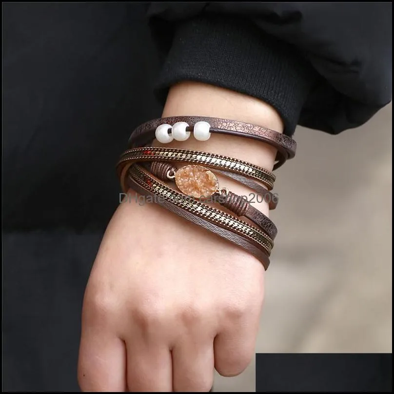 handmade multilayer leather bracelet druzy resin stone bead cuff wrap magnetic buckle wristlet holiday wedding jewelry for women 6
