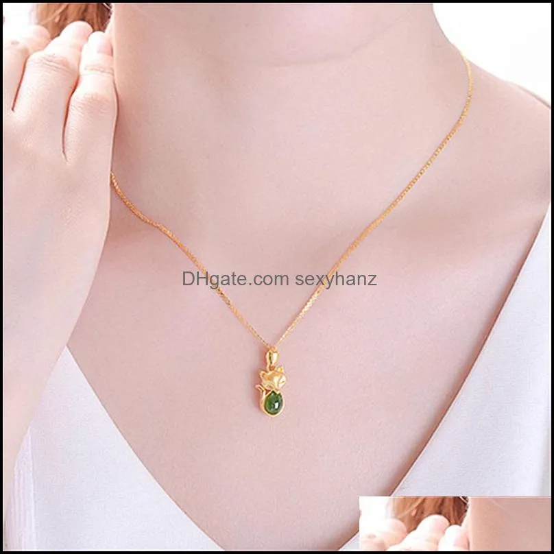 jade fox necklace pendant natural green chalcedony pendant necklace fashion charm jewelry for women men sand gold necklaces