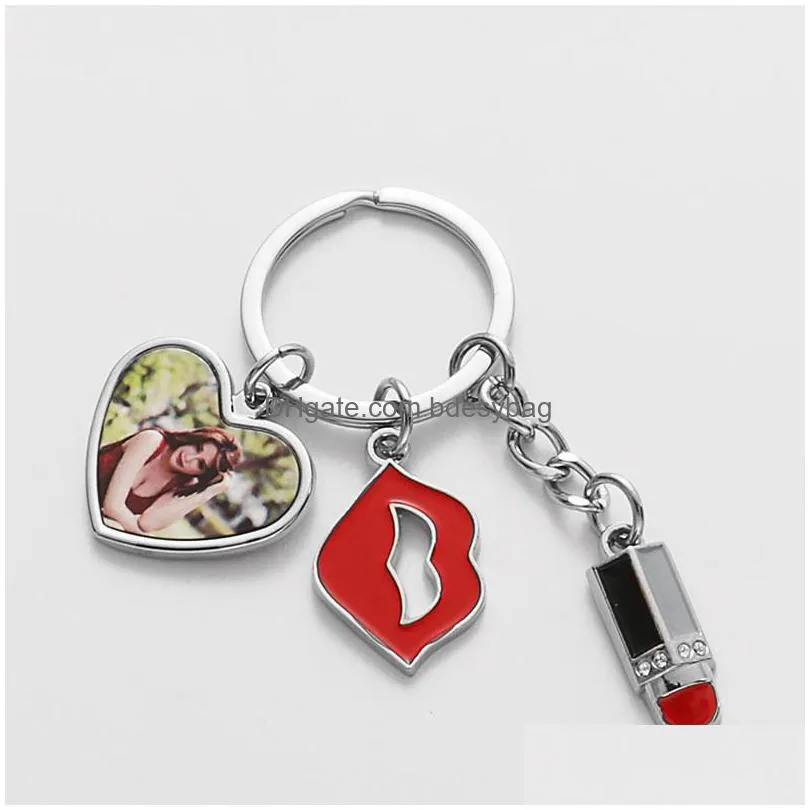 diy sublimation blank keychains red lip lipstick heart round alloy silver plated designer keychain for woman wallet handbag carabiner keychains car key rings