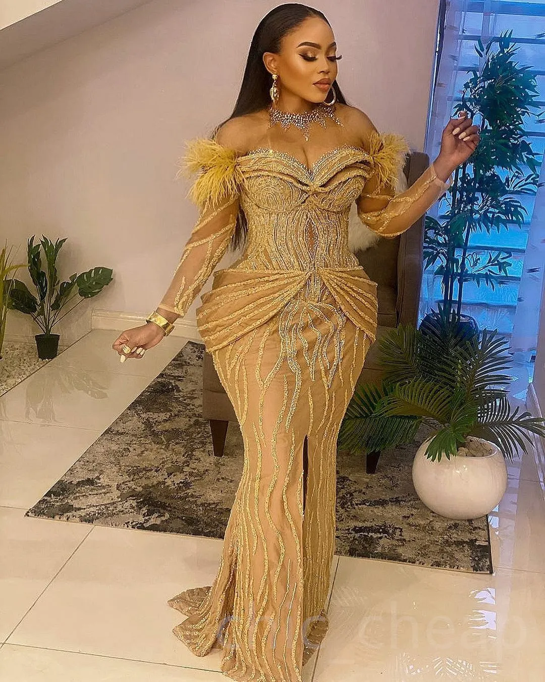 2023 Arabic Aso Ebi Gold Mermaid Prom Dresses Beaded Feather Sexy Evening Formal Party Second Reception Birthday Engagement Gowns Dress ZJ137