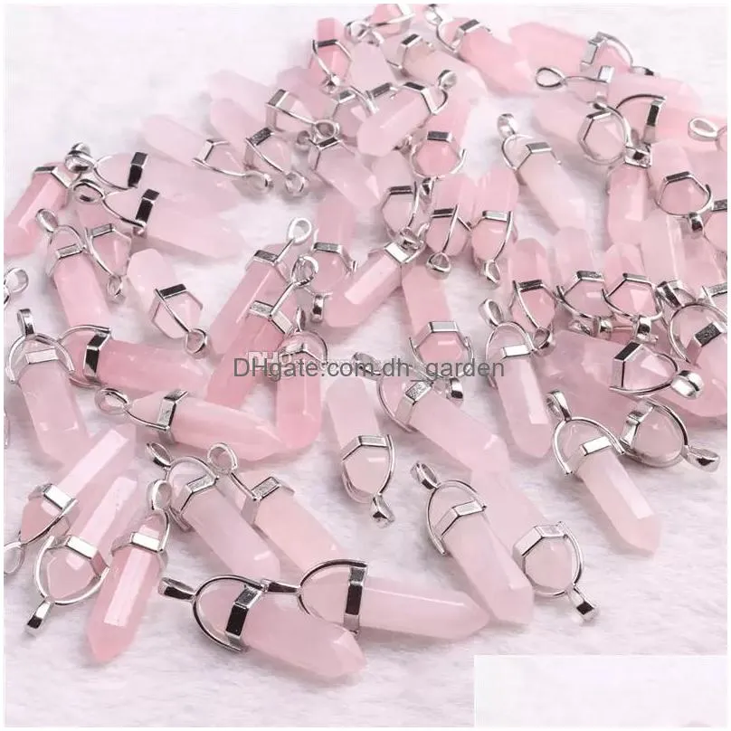 natural stone rose quartz pink crystal charms pendant assorted hexagonal column pendants for earrings necklace jewelry making