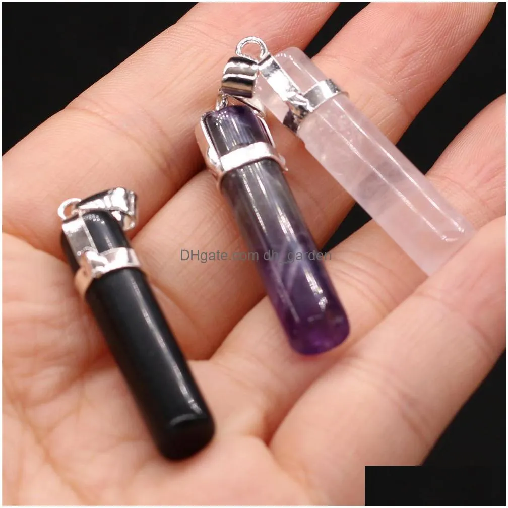 healing cylinder pillar pink amethyst black agate stone charms rose quartz crystal pendant diy necklace women fashion jewelry finding