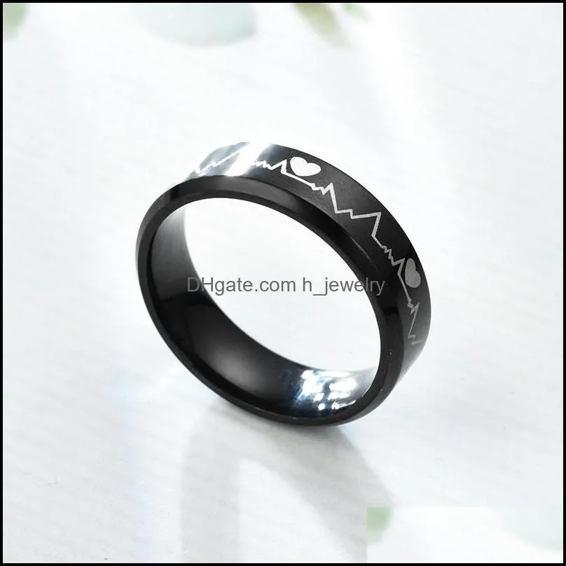 personalized stainless steel band rings high polishing black heartbeat ecg design rings for men wedding gifts 512