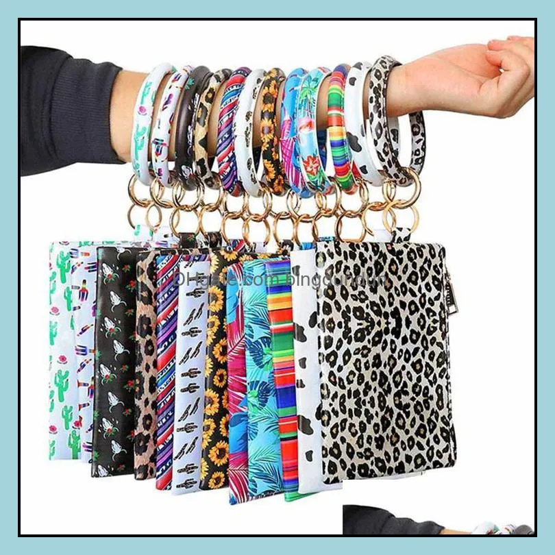 2020 pu bracelet keychain leather wrist key ring round leopard wallet bracelets handbag pendant purse lady clutch bag coin makeup bags