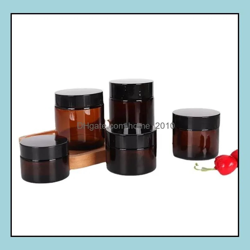 amber glass jar container cosmetic cream lotion bottle hand travel storage with inner liners black lids 5g 10g 15g 30g 50g 100g