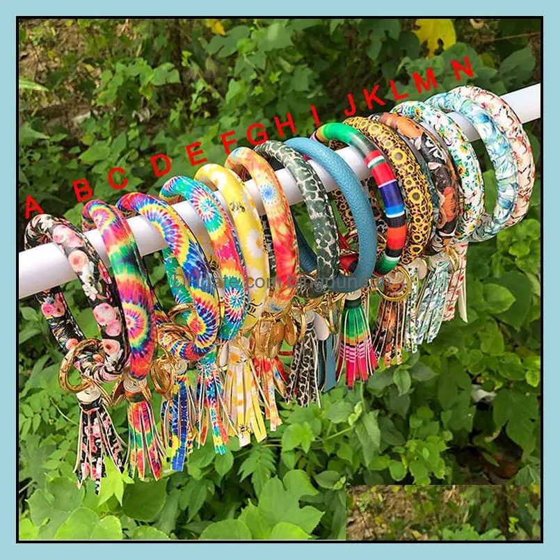 56 styles pu leather wrap key ring women tassel bracelet leopard lily flower wristlet keychain wristband sunflower bangle bracelet