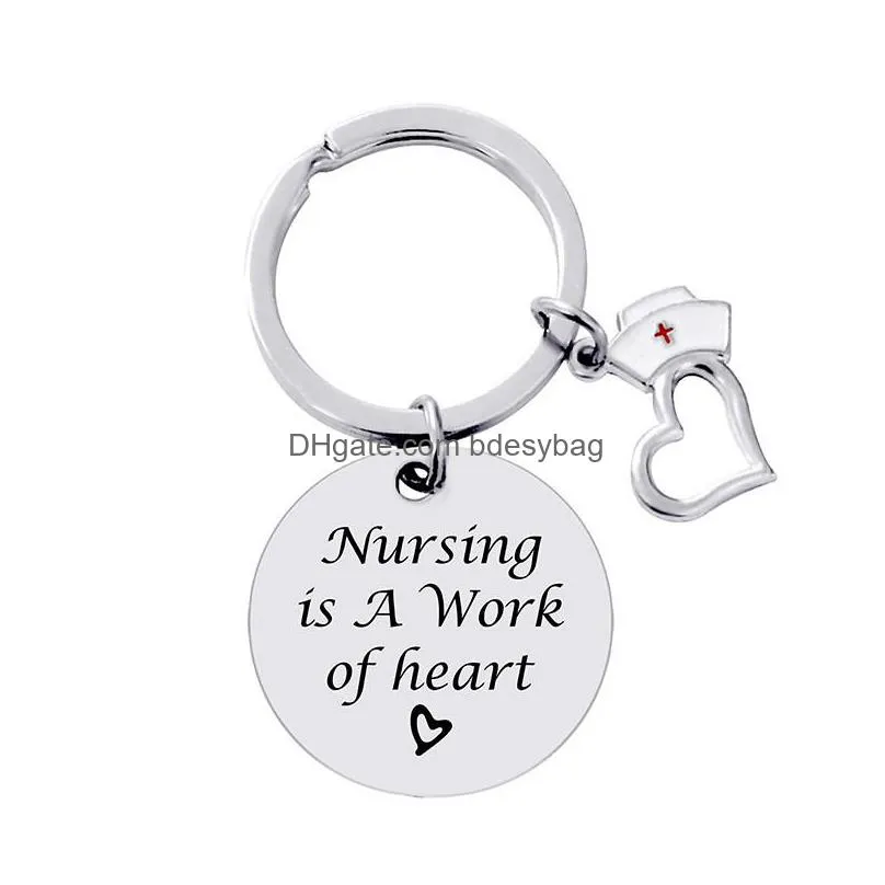 fashion stainless steel letters nurse cap heart round keychains key rings nursing is a work of hearts silver plated car keychain jewelry christmas friend