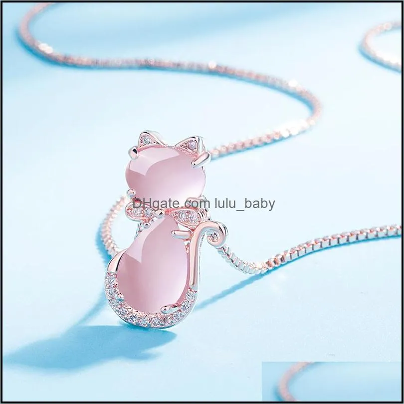 pink crystal cat pendant necklace for women girls fashion rose quartz opal chain necklace shiny rhinestone jewelry silver necklaces