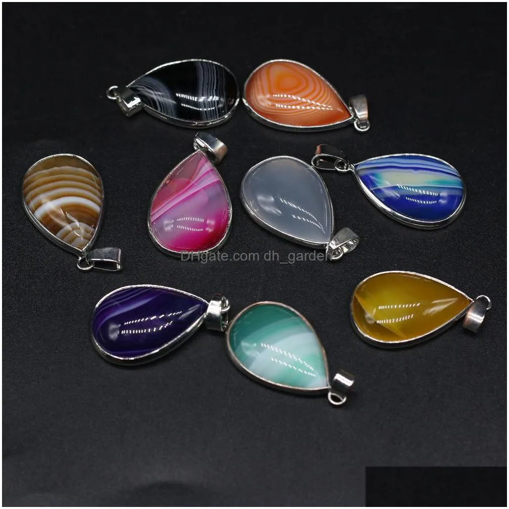 fashion stripe agate stone charms waterdrop silver color edged pendant diy for bracelet necklace earrings jewelry making 20x30mm