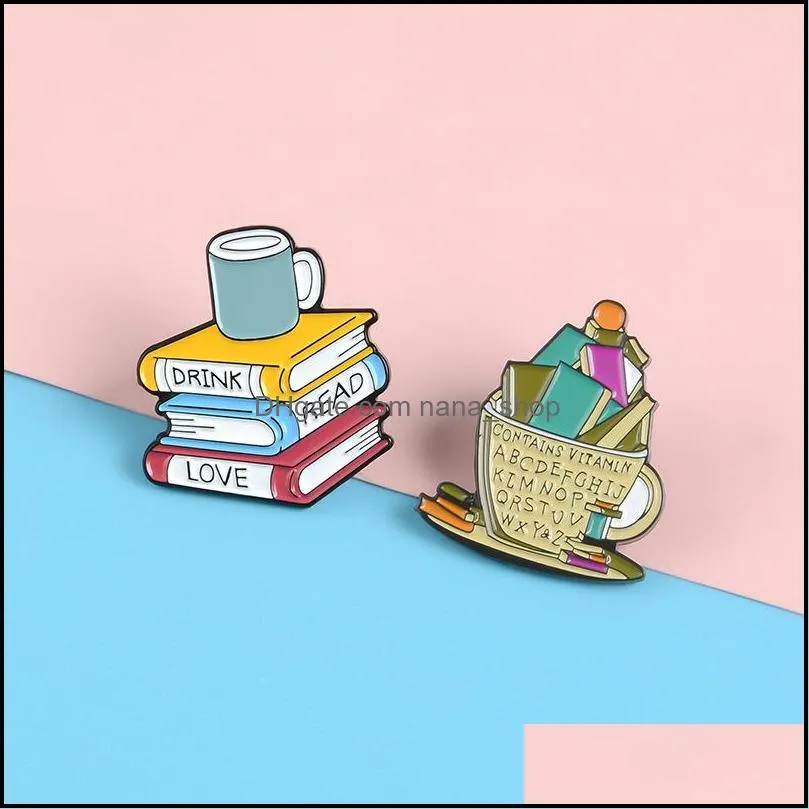 coffee cup pins cartoon book alloy brooches shirt kids jewelry accessories drink read love 2 4zb q2