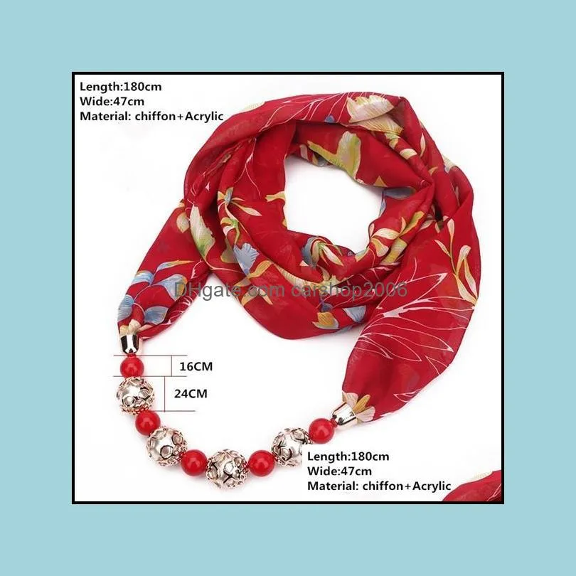 ethnic style print scarf acrylic beads scarf necklace for women soft chiffon scarves neckerchief autumn and winter jewelry bohemian