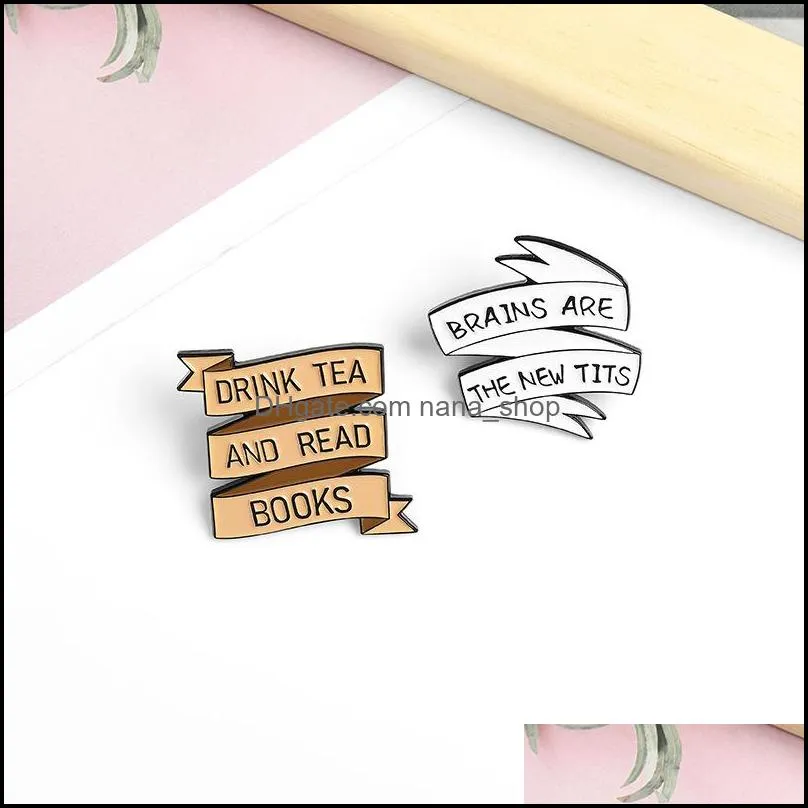 drink tea and read books cute letter enamel brooches pin women girl fashion jewelry metal vintage brooches pins badge gift 2216 t2