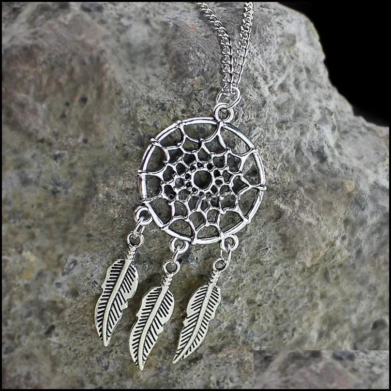 fashion dream catcher leaves pendant necklace antique silver color alloy long chain necklaces for women girl jewelry gifts