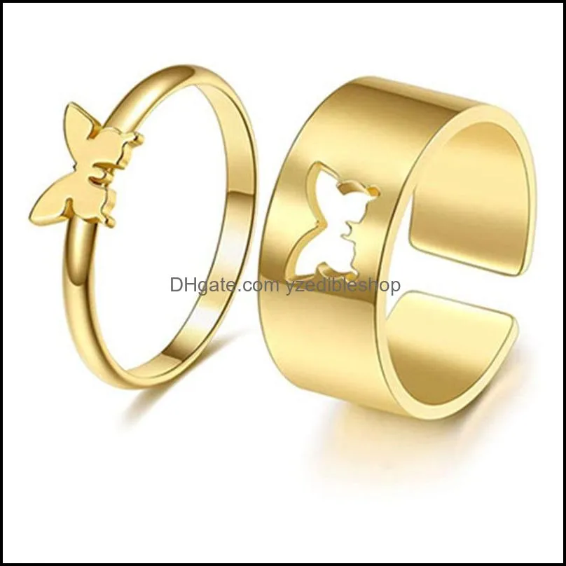 punk 2pc/set butterfly heart opening rings for women gold stainless steel couple ring friendship jewelry