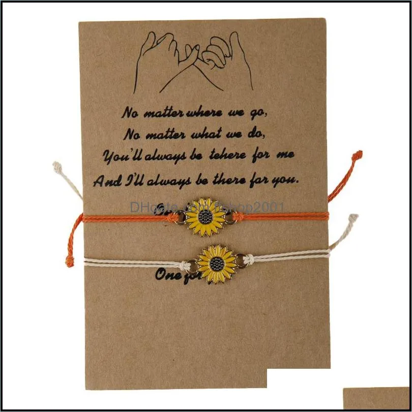 2pcs/set wish card rope bracelets for women couple wax rope sunflower charm bracelet with card christmas gift jewelry accessories