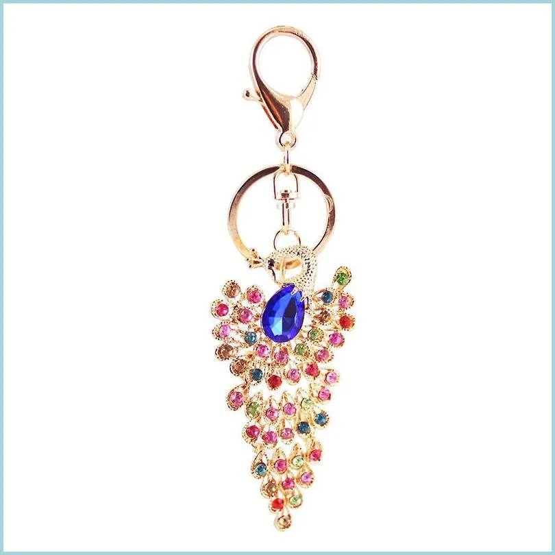  est fashion keychain 3pcs colorful rhinestone crystal paved animal beauty peacock key chain hanging women car key rings 473c3