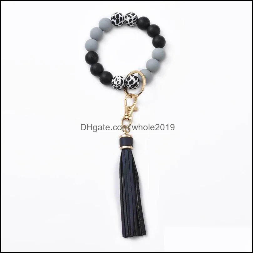 silicone wooden beads key chain multicolor tassel bracelet keyring large circle keychains wristlet jewelry 119c3