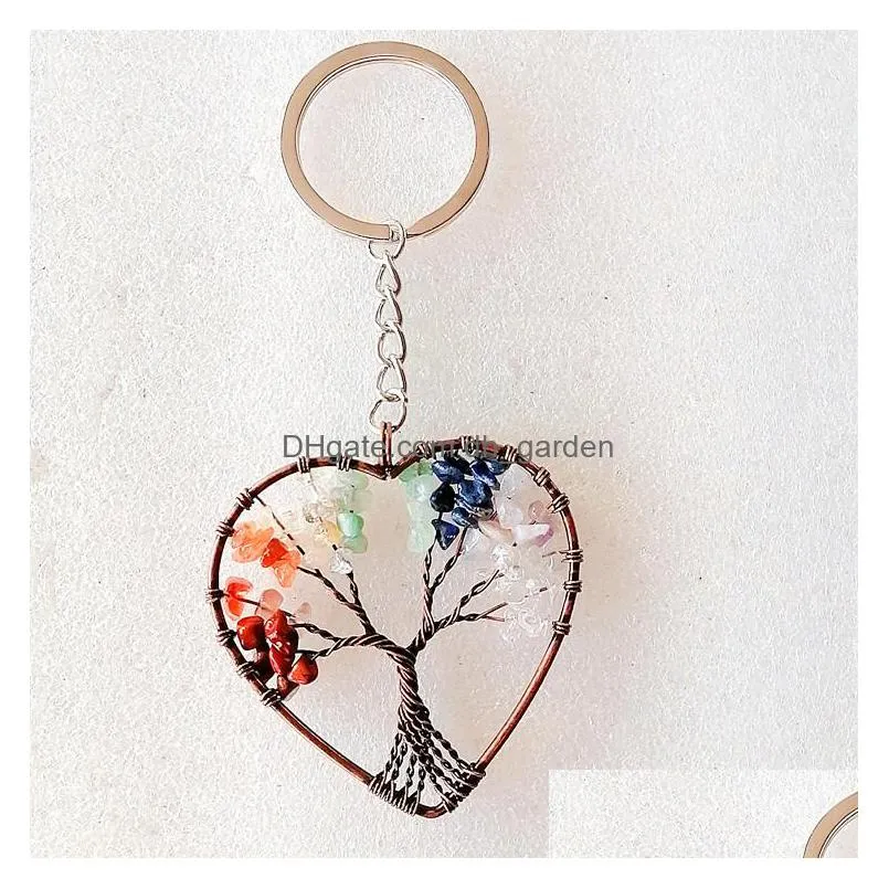 wire wrap tree of life reiki healing keyrings natural stone heart keychains chakra amethyst pink rose crystal key rings women men