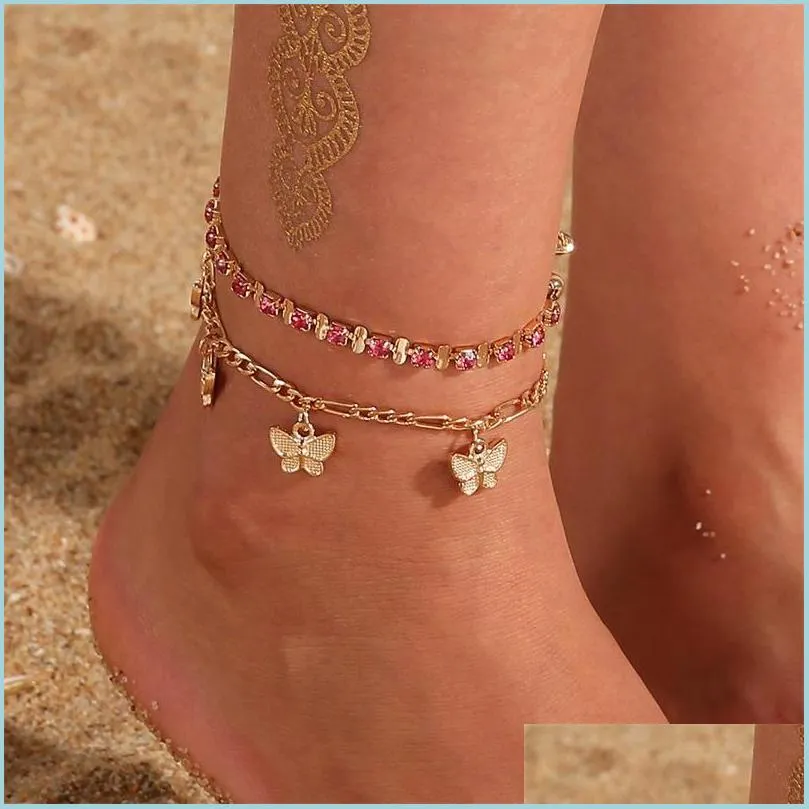 rhinestone crystal ankle bracelets for women sandals butterfly anklet boho beach foot iced out chains anklets female fashion 156 o2