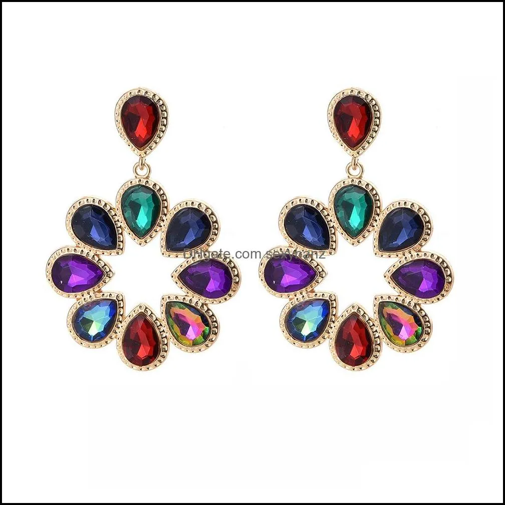 exaggerated big hoop earrings colorful gold plated crystal teardrop flower earring jewelry for women