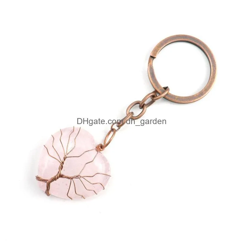 retro handmade tree of life key rings heart natural stone healing crystal quartz keychain keys chain key ring