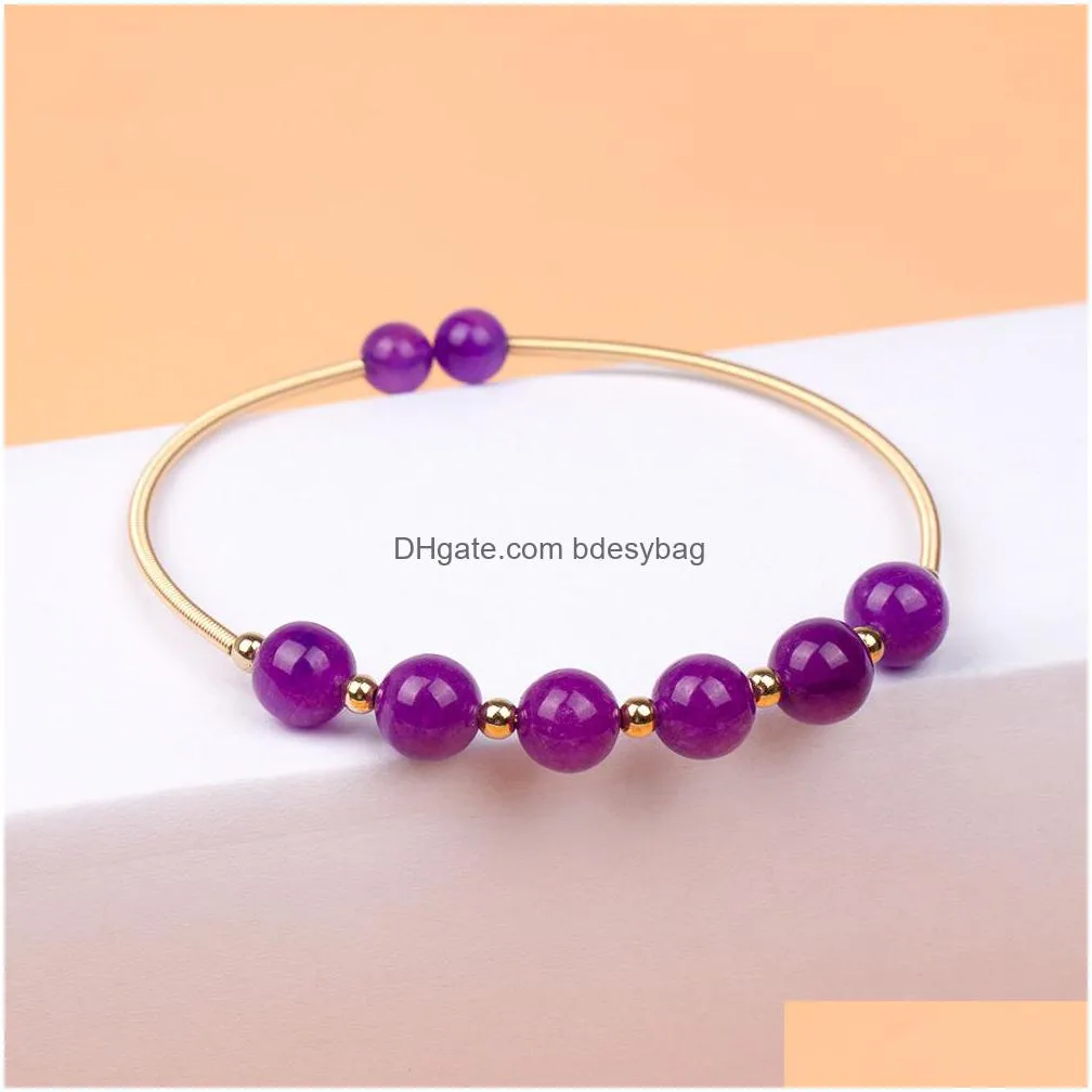 natural gemstone strand bracelets crystal healing quartz round stone beaded gold plated bangle for women jewelry