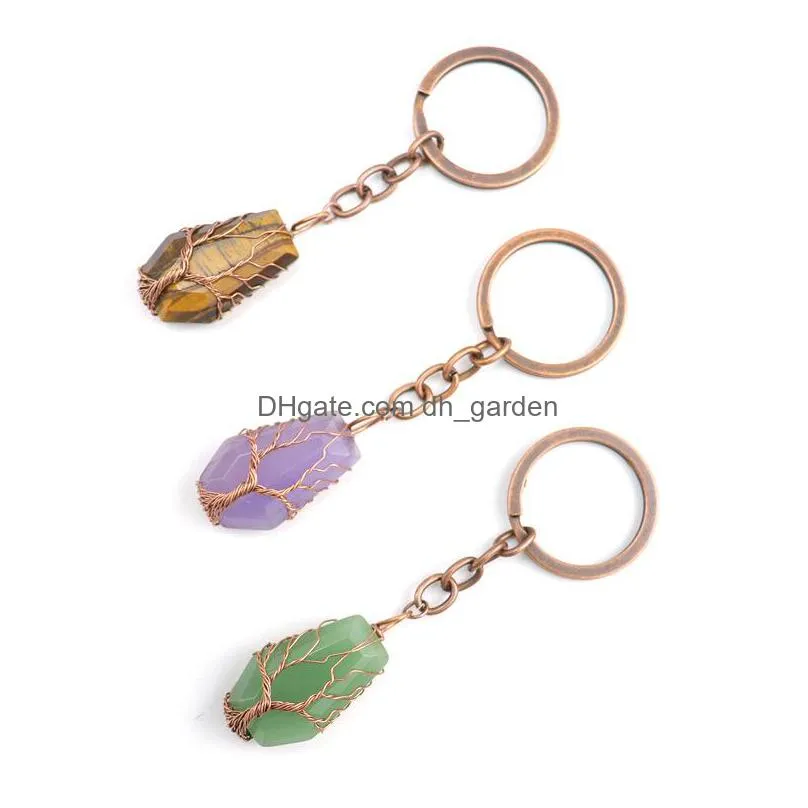 retro handmade tree of life key rings coffin shape reiki healing chakra quartz mineral tumbled gemstones keychain keys chain key ring