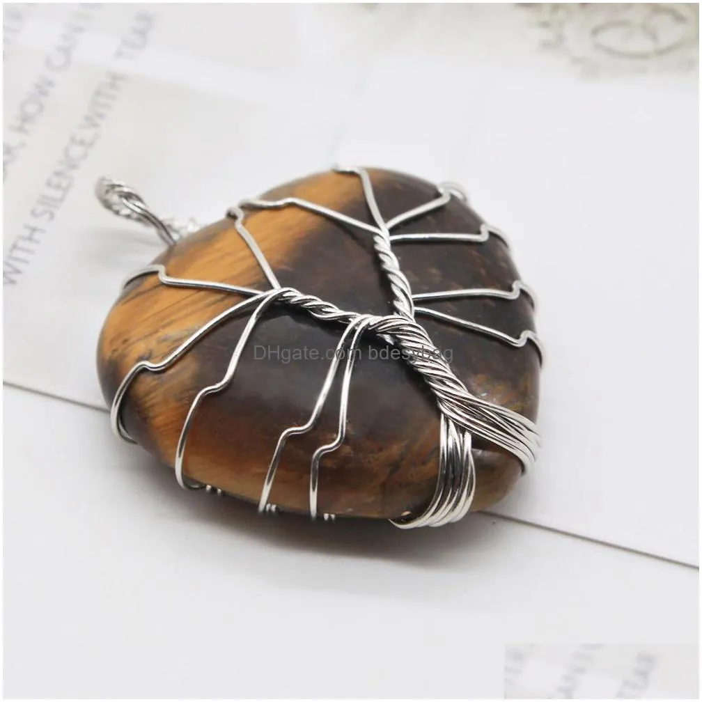 life tree heart stone pendant natural gemstone wire style for necklaces girls luck jewelry love wish gift