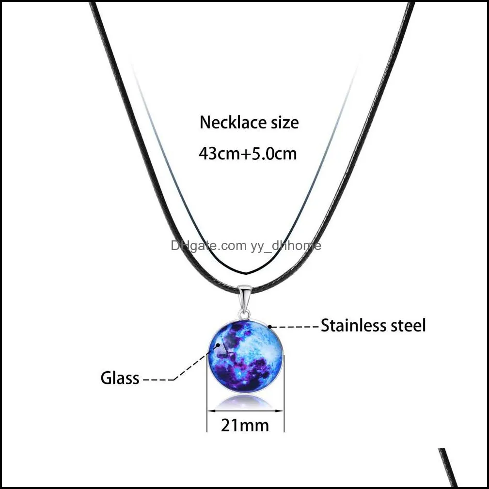  fashion stainless steel nebula necklace glow in the dark space universe necklace glass galaxy solar system with luminous necklace