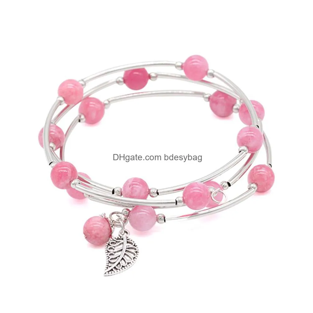 natural gemstone wrap bracelet quartz healing beads strand bangle with silver plated leaf charm love wish stone bracelets for women