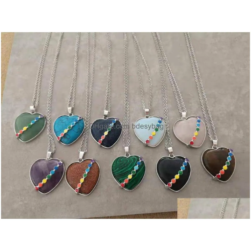 2021 natural stone chakra heart pendant necklace for women silver plated link chain 18 inch crystal quartz necklaces girls luck jewelryen jewelry love wish