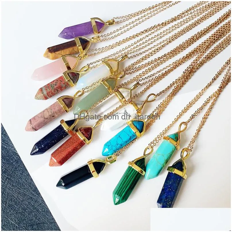 reiki healing natural stone necklace chakra pendant hexagonal bullet amethyst pink purple crystal necklaces women jewelry