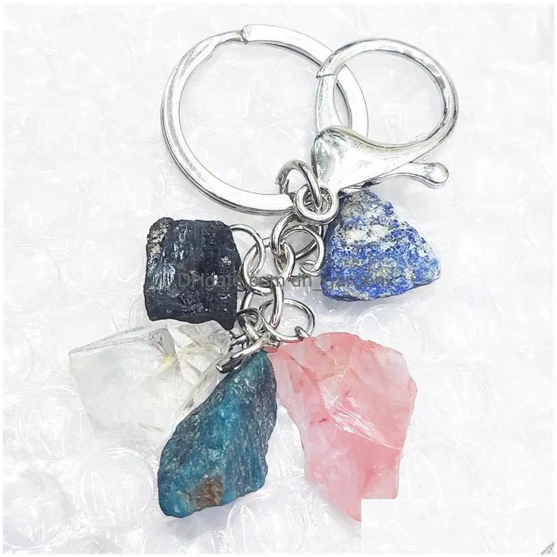 natural rough raw ore stone set key ring keychain fluorite crystal quartz women men car holder mineral keyrings jewelry