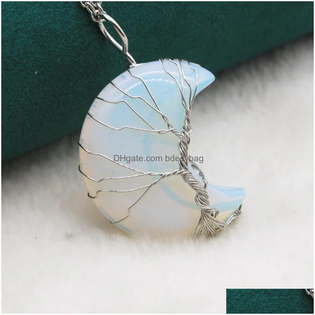 life tree moon stone pendant natural gemstone wire style for necklaces girls luck jewelry love wish gift