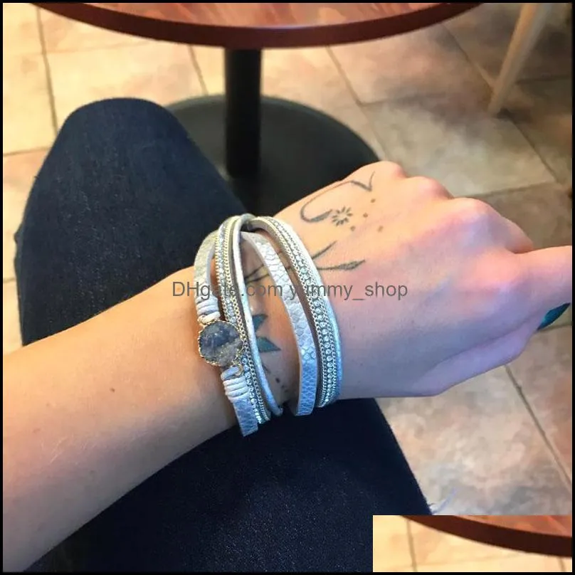 fashion multilayer leather bracelet women vintage stone crystal wrap cuff bangle magnetic clasp handmade wristband jewelry