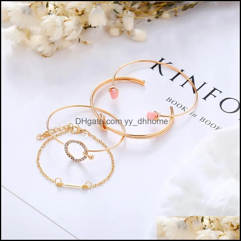 4 pcs/ set classic arrow knot bracelets round crystal gem multilayer adjustable open bracelet set for women fashion party jewelry gift