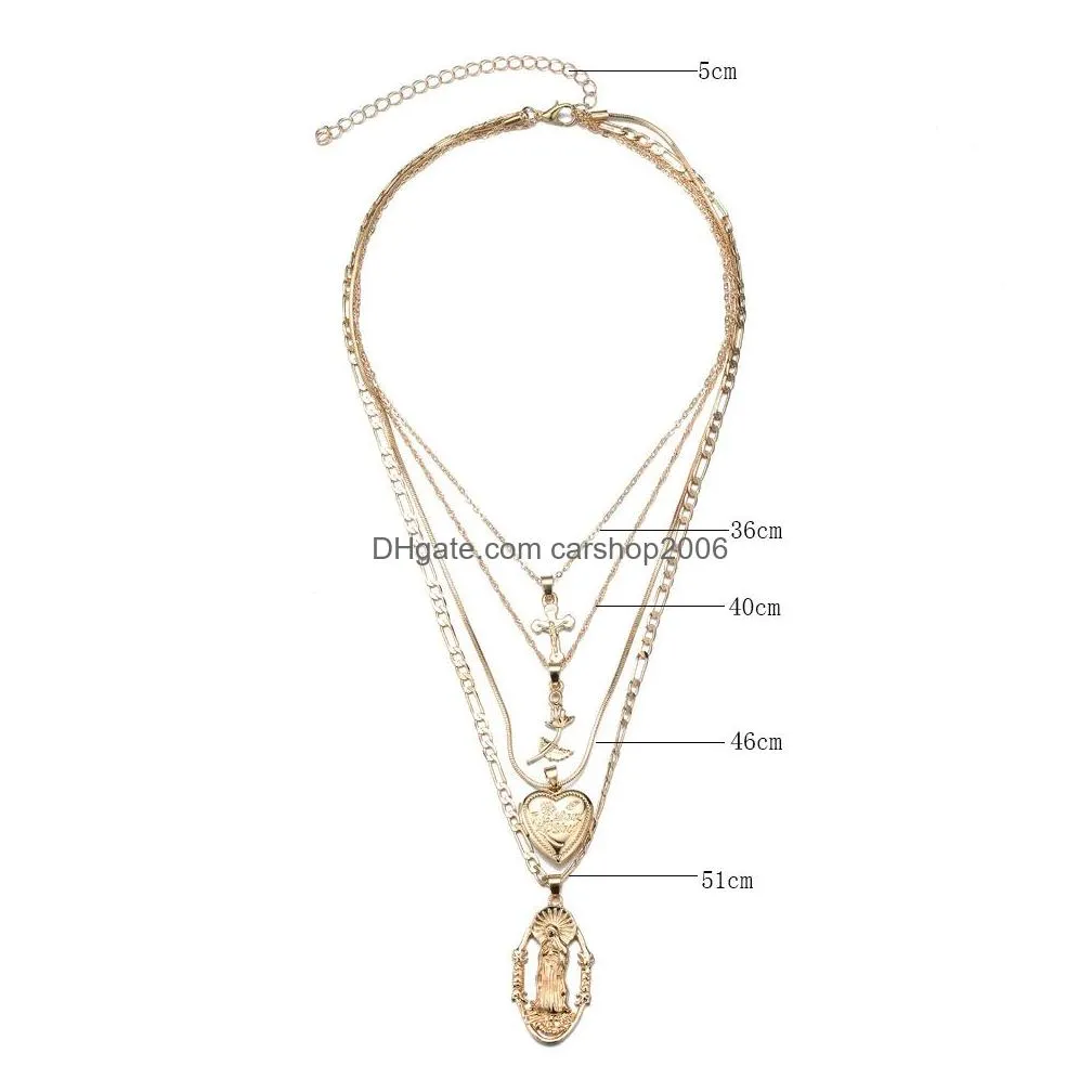 fashion jewelry vintage multilayer necklace metallic cross madonna rose openable heart pendant necklace