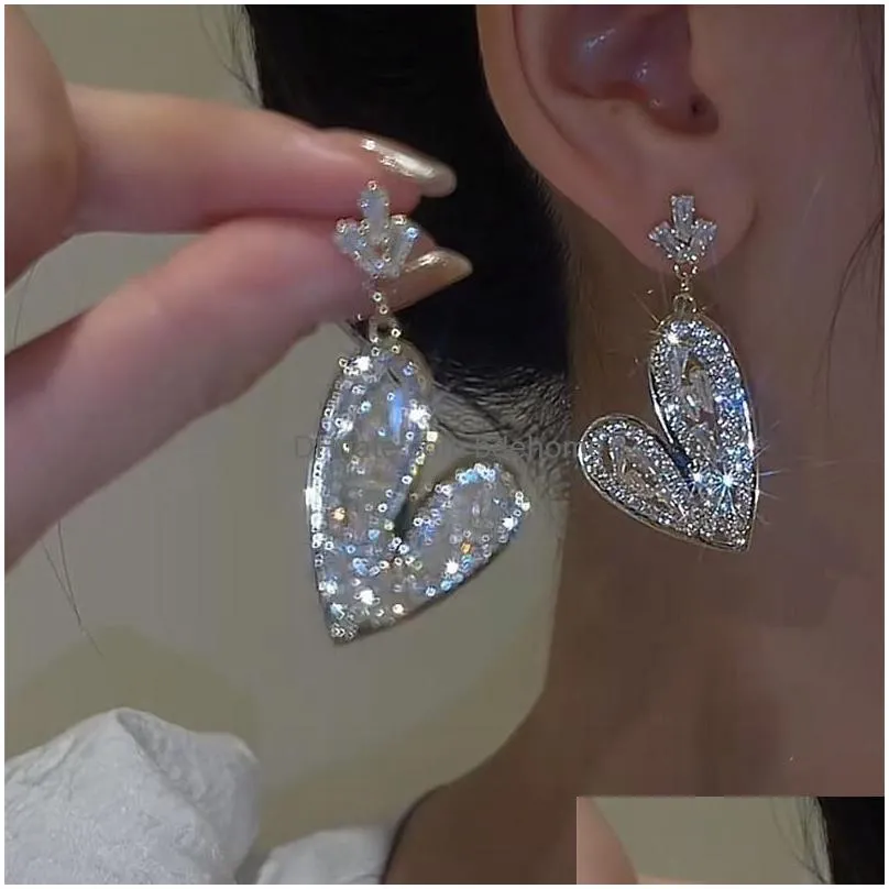 fashion jewelry s925 silver post earrings for women light luxury diamond crystal love heart dangle stud earrings