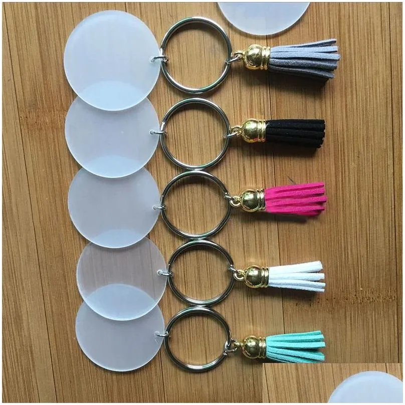 4cm keychains party favor fashion transparent acrylic circular key buckles suede tassel keyring highly quality knapsack 2 45tw g2