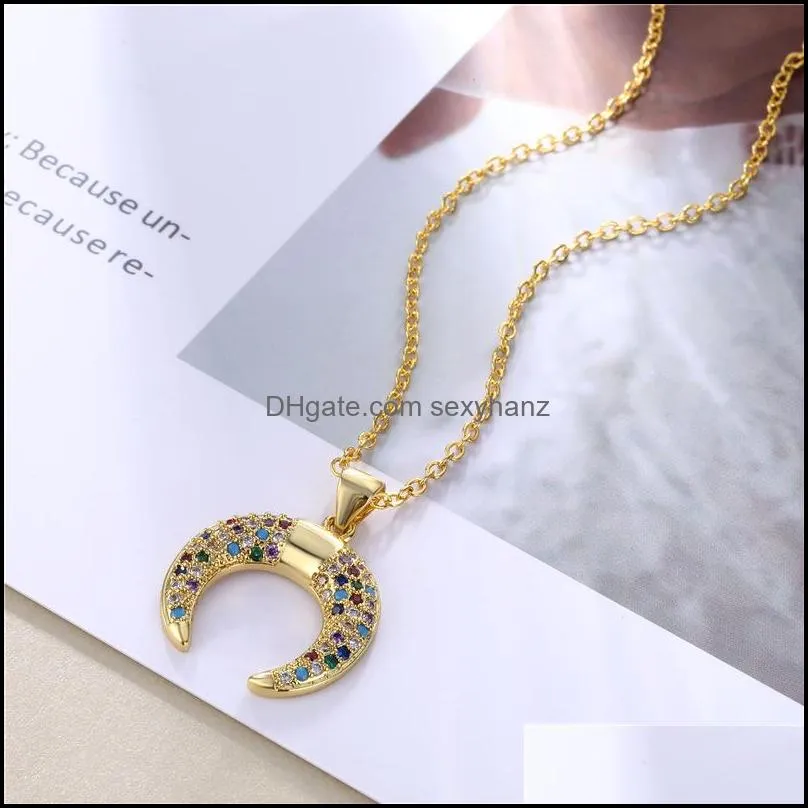 fashion designer rainbow cz moon pendants necklaces for woman colorful zircon crescent necklace trendy chain necklace jewelry