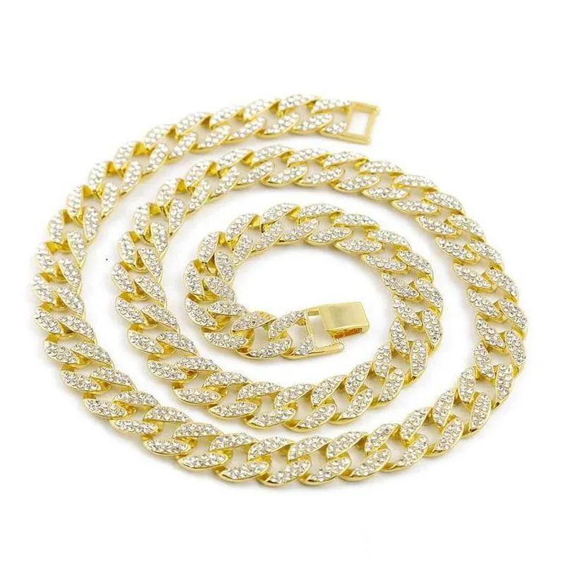 whosale 16inch 18inch 20inch 22inch 24inch 26inch 28inch 30inch iced out rhinestone gold silver  cuban link chain men hiphop