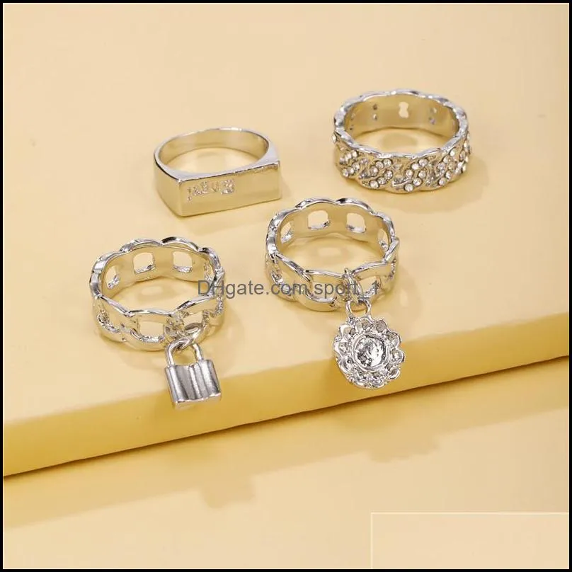 simplicity personality rhinestone band rings lock flower shape suit ring women 4pcs/lots 3 2zj t2