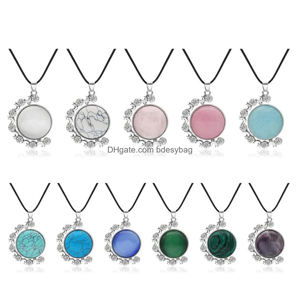 2021 round gemstone pendant necklace spinner luckey pendants with moon star circlced black leather chain necklaces girls luck jewelryen jewelry love wish