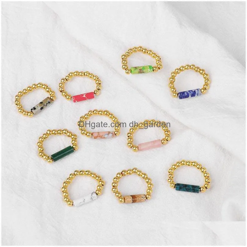 4mm elastic ring for women men tube shape natural stone gold beads rings crystal rose quartz ring bohemian beach wind jewelry