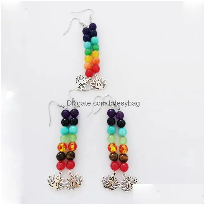 new 7 chakra long drop earrings for women natural stone beads reiki healing yoga earring ethnic casual jewelry wholesale