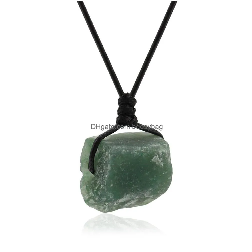 2021 natural stone pendant necklace for women black leather chain 18 inch crystal quartz raw gemstone necklaces girls luck jewelryen jewelry love wish